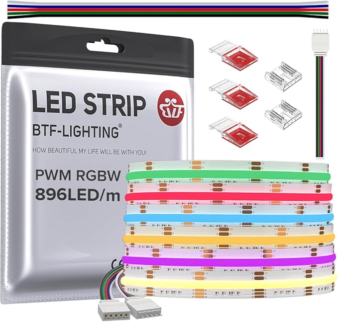 BTF-LIGHTING FCOB COB LED Strip RGBW 3000K 896LED/m 16.4FT DC12V Color Changing Flexible High Density Uniform Light 12mm Width for Home Indoor Decoration(No Adapter or Controller)