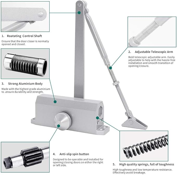 MARIE Adjustable Automatic Size 4 Spring Hydraulic Door Closer for Residential and Commercial Use