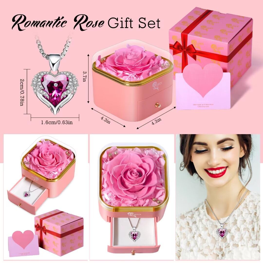 Mothers Day Rose Gifts for Mom,Preserved Real Rose with Necklace Eternal Flowers Pink Rose Gifts for Mom Grandma Her Wife Girlfreind on Mothers DayValentines Day Anniversary Birthday Gifts (Pink)