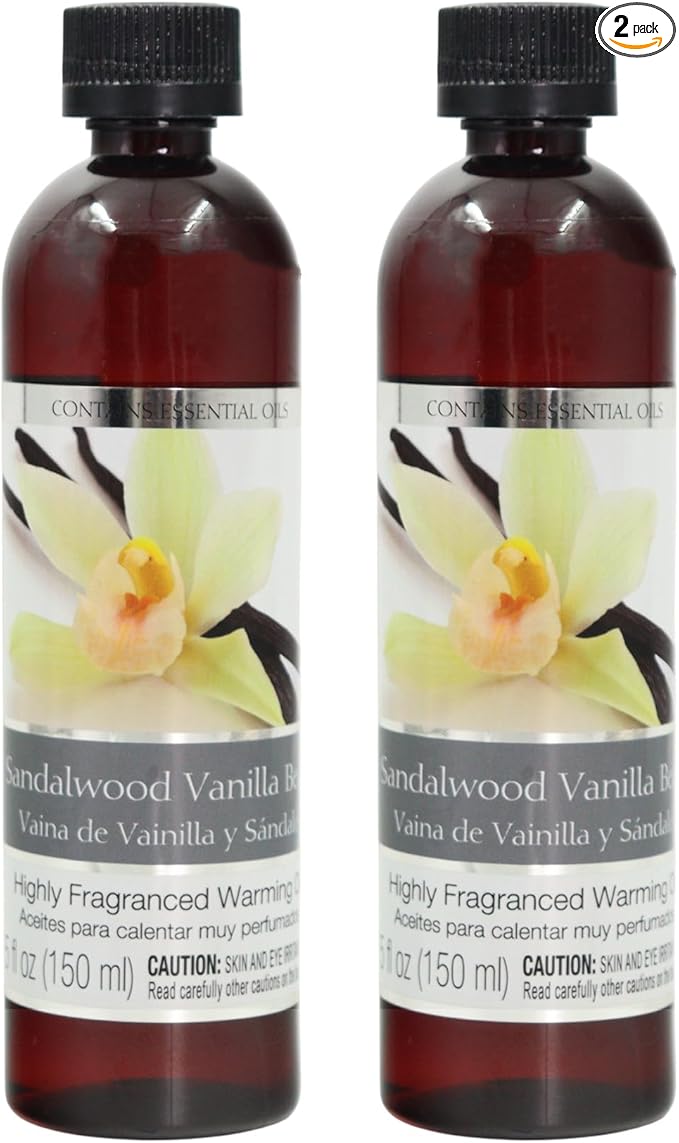 Hosley's Set of 2, 5 oz Sandalwood Vanilla Bean Fragrance Warming Oils. Ideal Gift for Weddings, spa, Reiki, Meditation, Bathroom Settings. P1