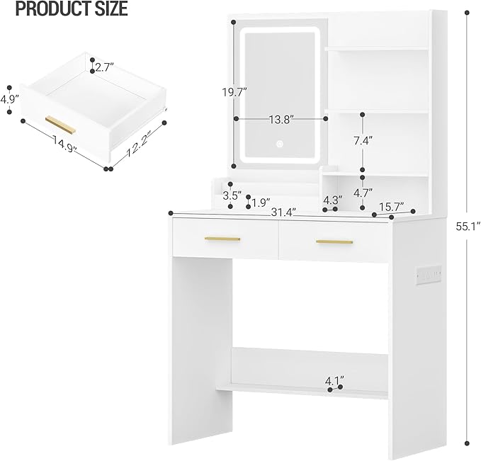 Vanity Desk with Mirror, Makeup Vanity with Led Lights, Dressing Table with Power Outlet, Drawers, 3 Color Modes, White WX321HDT