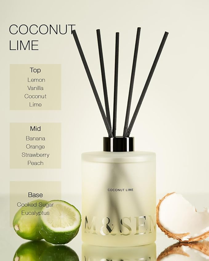 M&SENSE Coconut Lime Reed Diffuser Set - 16.9 fl oz Long-Lasting Scent, Large Natural Oil Diffuser with Sticks, Non-Toxic Aromatherapy Diffuser Gift for Home, Spa & Bedroom