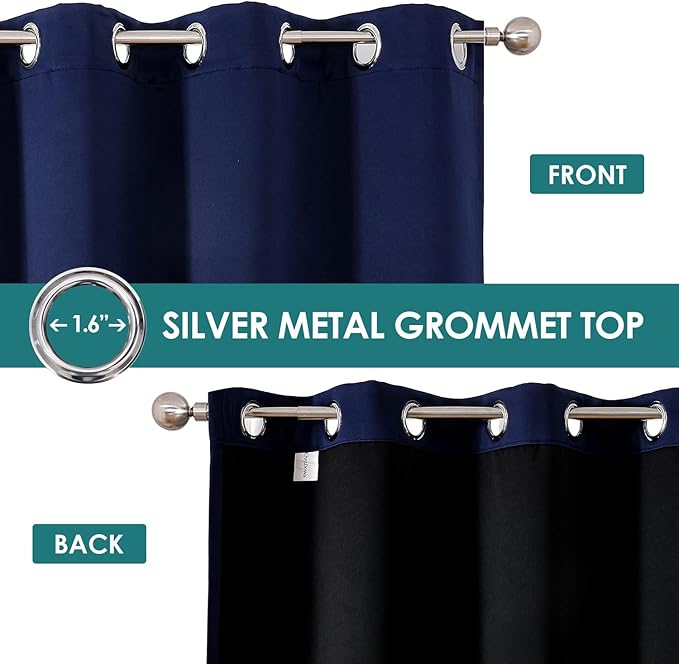 ChrisDowa 100% Blackout Curtains for Bedroom with Black Liner, 2 Thick Layers Total Blackout Thermal Insulated Grommet Small Window Curtains 2 Panels Set (Navy Blue, 42 x 45 Inch)