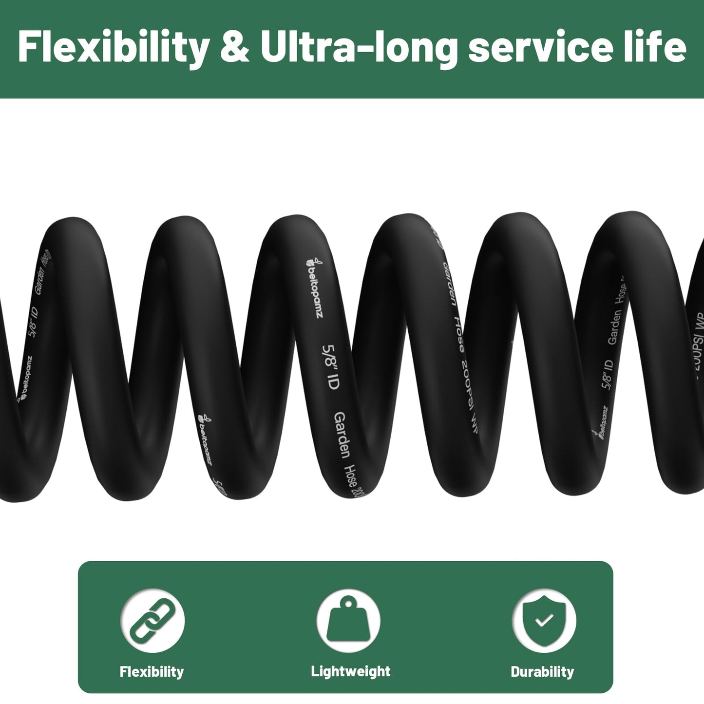 Beitopamz 100 ft Garden Hose, 5/8 in Heavy Duty Water Hose, Flexible and Durable, Lightweight Rubber Hybrid Hose, Leak-Free Connections, Male to Female 3/4'' Brass Fittings for Patio, Lawn, Black