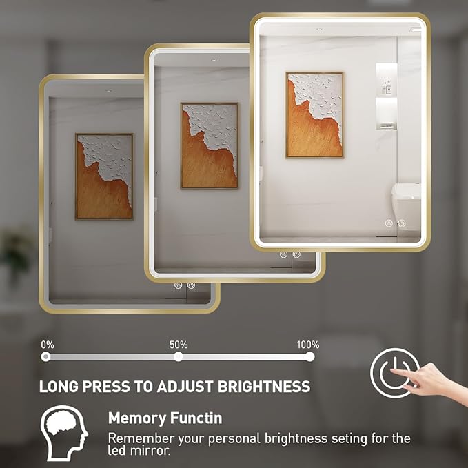 28x36 Inch LED Bathroom Mirror with lights,Wall Mounted Lighted Vanity Mirrors with Non-Rusting Gold Metal Frame Anti-Fog Memory Funtion Stepless Dimmable for Bathroom Decor(Horizontal&Vertical)