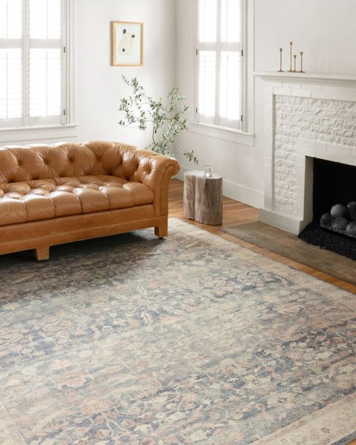 Loloi Hathaway Collection HTH-02 Denim/Multi 5'-0" x 7'-6", .25" Thick Area Rug, Soft, Durable, Printed, Modern, Low Pile, Non-Shedding, Easy Clean, Living Room Rug