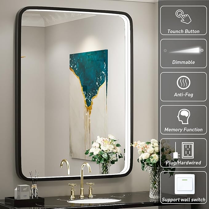 32X24 Inch LED Bathroom Mirror with Light, Black Metal Frame Mirror, Wall Mounted Lighted Vanity Mirrors for Wall, Anti Fog Dimmable Led Mirror for Makeup