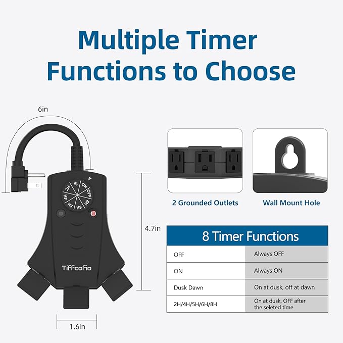 TiFFCOFiO Outdoor Timer Outlet, Dusk to Dawn Light Sensor Timer Weatherproof, 3 Grounded Outlets for Halloween and Christmas Lights, 15A 1/2HP, ETL Listed