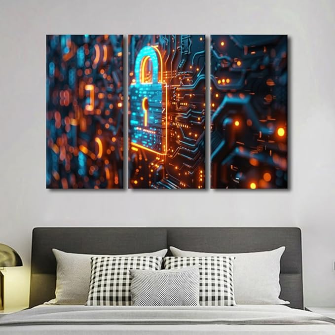 3 Panels Wall Art Canvas Print Security Lock Symbol Paintings AI Intelligence Pictures Prints on Canvas Contemporary Wall Decor Modern Artwork Giclee Gallery-Wrapped Framed Ready to Hang, 60"Wx40"