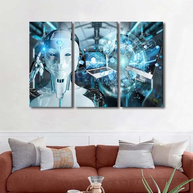 3 Pieces Canvas Wall Art AI Intelligence Picture Black Paintings for Wall Decorations Data Analysis Modern Artwork Stretched Canvas Prints Robot Posters and Prints Framed Ready to Hang, 60"Wx40"H