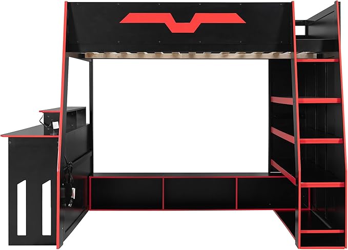 LUMISOL Full Size Wood Loft Bed with Desk and Multi-Storage Shelves, Gaming Loft Bed with RGB LED Lights and Adjustable Desk Placement, Space-Saving Game Bedframe with Under-Bed Storage, Red