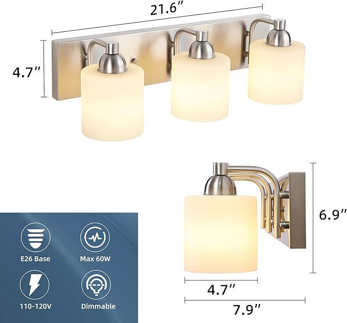 Stainless Steel Milk Glass Bathroom Vanity Light Over Mirror, 3 Light Brushed Nickel Bathroom Light Fixtures with Frosted Glass, Modern Vanity Lighting Wall Mount