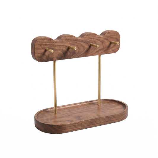 decuwat Luxury Walnut Wood Key Stand Wave-Designed Entryway Organizer with 4 Gold Hooks, Multi-Functional Valet Tray for Keys, Jewelry & Accessories, Minimalist Decor for Entry Table