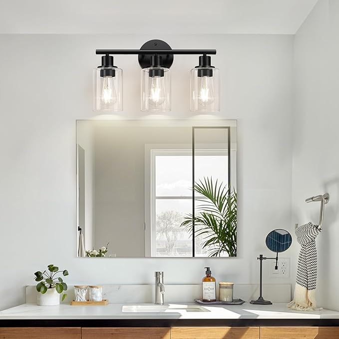 3-Light Bathroom Light Fixtures, 17.23" Black Modern Vanity Lights with Clear Glass Shade, Bathroom Wall Lamp for Mirror Kitchen Living Room Hallway Cabinet Porch
