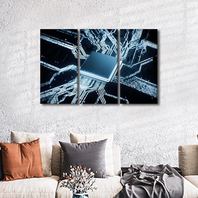 Semiconductor Chip Wall Art for Living Room Decor Circuit Boards Pictures Canvas Print Chip Artwork 3 Pieces Black Framed Art Prints Giclee Gallery-wrapped Posters Framed Ready to Hang, 36" Wx24 H