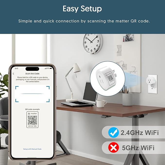Smart Plug, Matter Compatible, Matter Hub Required, Easy Setup(FFS:Frustration-Free Setup), Work with Alexa, Google Home, Apple HomeKit(Siri)& SmartThings, 2.4 GHz Wi-Fi only (2 Pack)