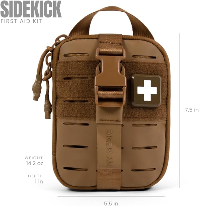 My Medic Sidekick Pro - Camping Hiking and Backpacking First Aid Kit - 70 Items with Tourniquet - HSA and FSA Eligible - Small Ifak Great for Travel or Motorcycle - Portable Emergency Kit – Coyote