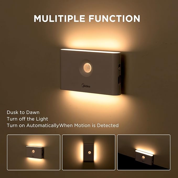 Midea 4 Pack Rechargeable Night Lights with Motion Sensor/Dusk to Dawn Sensor, Warm White Night Light Stair Lights for Indoor/Bedroom/Bathroom/Kitchen/Hallway,Cordless Design
