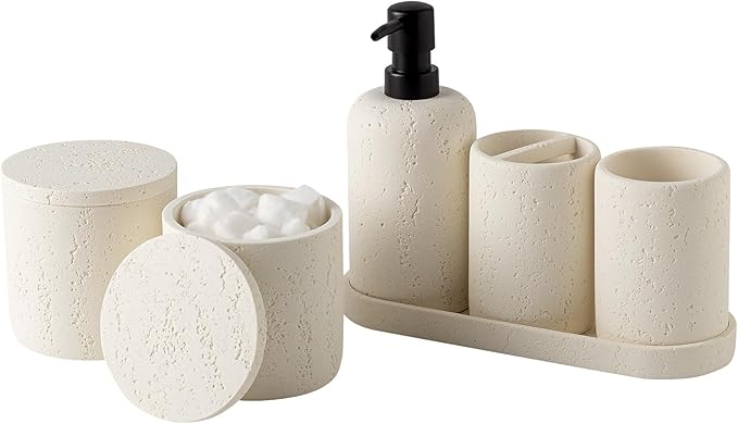 Bathroom Accessories Set, Travertine Stone-Look, 6 PCS Bathroom Accessory Set with Soap Dispenser, Toothbrush Holder, Tumbler, Vanity Tray, Cotton Swab Jars for Countertop (Off White 6 PCS)
