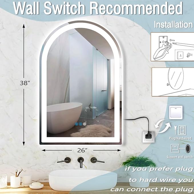 38 x 26 Inch Bathroom Arch Vanity Mirror with Light Arch LED Mirror for Bathroom Wall Table Arched Lighted Mirror Anti Fog Dimmable 3 Color 38" Half Round Arched Smart LED Light up Mirror