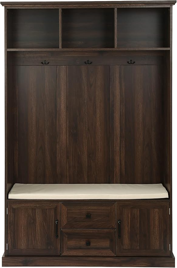 RUNNA Delicate 3-in-1 Hall Tree with 2 Cabinet and 2 Drawers,3 Open Shelves and 3 Hooks,Coat Hanger and Storage Bench,for Livingroom Hallway Entryway Use (Tiger#H-)