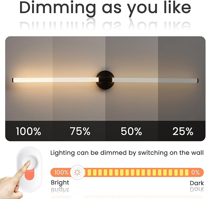 Dimmable LED Bathroom Vanity Lights Hardwired 360° Full Lighting Bathroom Light Fixtures Over Mirror Vanity Light Bar Modern Wall Sconce Warm Light for Bedroom Living Room - Black, 47 inch