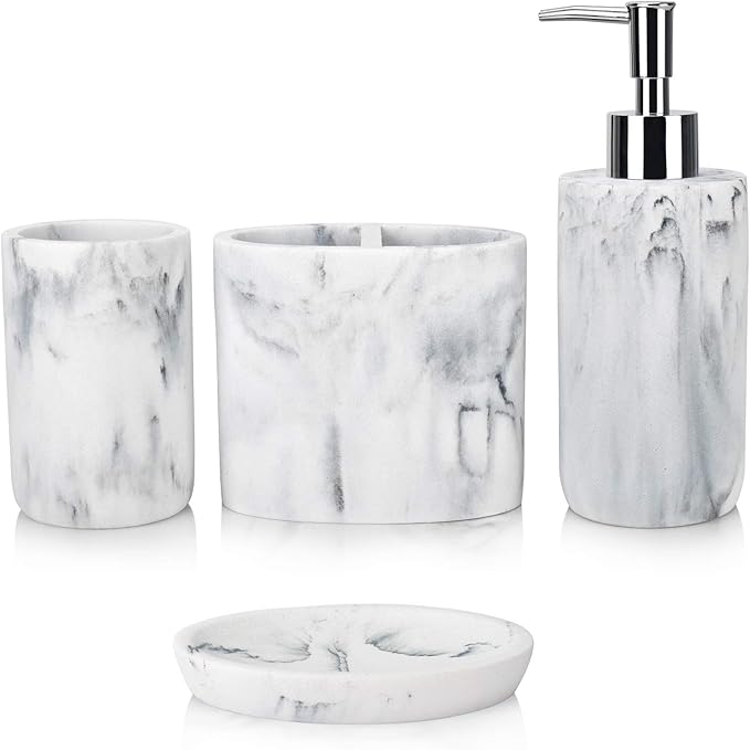 L'ARL GMVOI Bathroom Accessories Set,4 Pieces Marble Bathroom Vanity Countertop Accessory Set with Bathroom Toothbrush Holder Set,Soap Dispenser,Tumbler,Soap Dish for Bathroom Home Decor