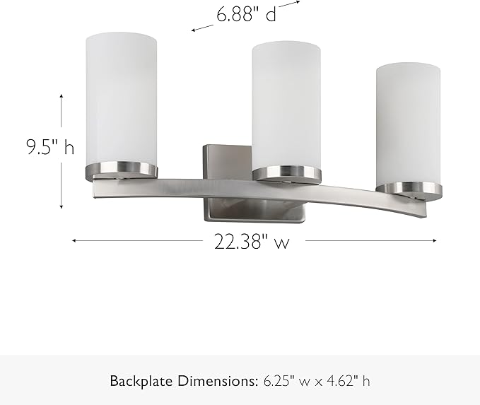 Design House Desta Vanity Light, 3-Light, Curved Bar Design, Frosted Glass Glow, Dimmable, Up/Down Mountable, E26 Socket, Satin Nickel, 22.4 in L x 6.9 in W x 9.5 in H, 589150-SN
