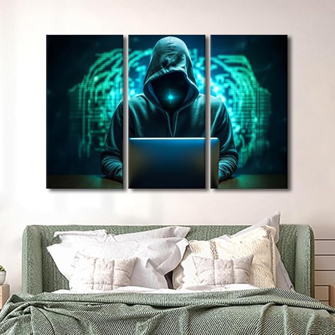 Wall Art for Living Room Hacker Malware Art Prints on Canvas AI Big Data Wall Decor Modern Artwork 3 Pieces Canvas Wall Art Giclee Gallery-Wrapped Posters and Prints Framed Ready to Hang, 60"Wx40"H