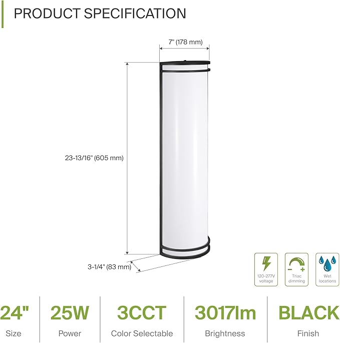 ASD 24 Inch LED Outdoor Sconce Lights - 25W 120-277V 3000K 4000K 5000K Black Exterior Lighting Fixtures, Dimmable Exterior Lights for House, Modern Patio Wall Light Fixture ETL