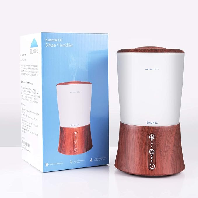 BlueHills Premium Set of Two Large 2000 ML XL Essential Oil Diffusers Humidifier Combo for Large Room Home with Décor LED Lights Great Gift – Value Pack of Dark Wood Grain.