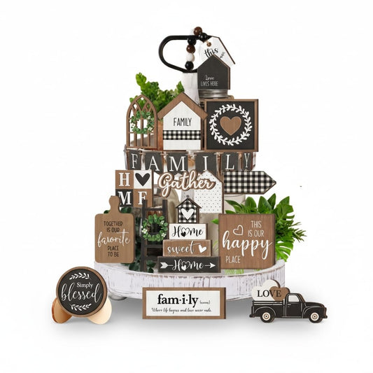 Farmhouse Tiered Tray Decor Set,Rustic Kitchen Decoration for Home,24PCS Wooden Signboards in The Original Wood Color,Table Centerpieces for Dining Room,Coffee Bar,Entryway Table(No Tray)