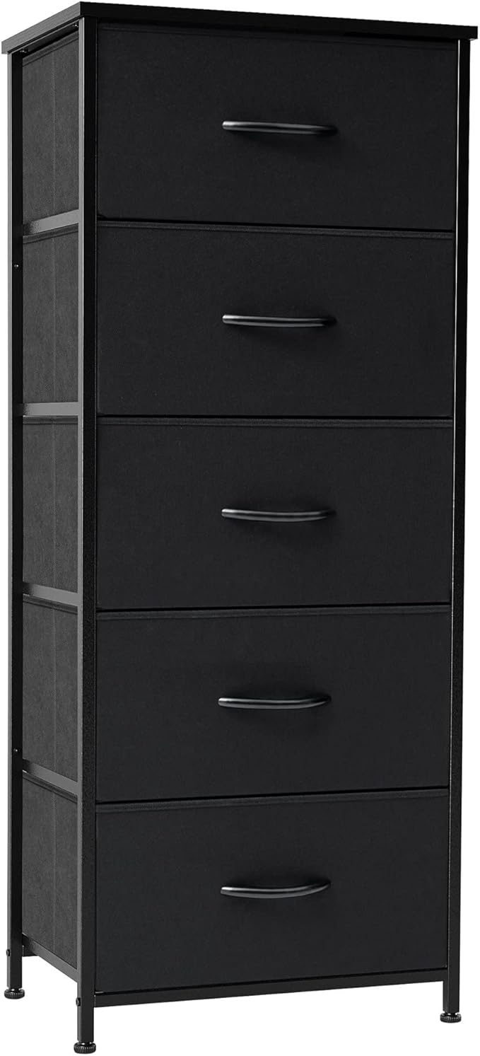 Crestlive Products Vertical Dresser Storage Tower - Sturdy Steel Frame, Wood Top, Easy Pull Fabric Bins - Organizer Unit for Bedroom, Hallway, Entryway, Closets - 5 Drawers(Black)