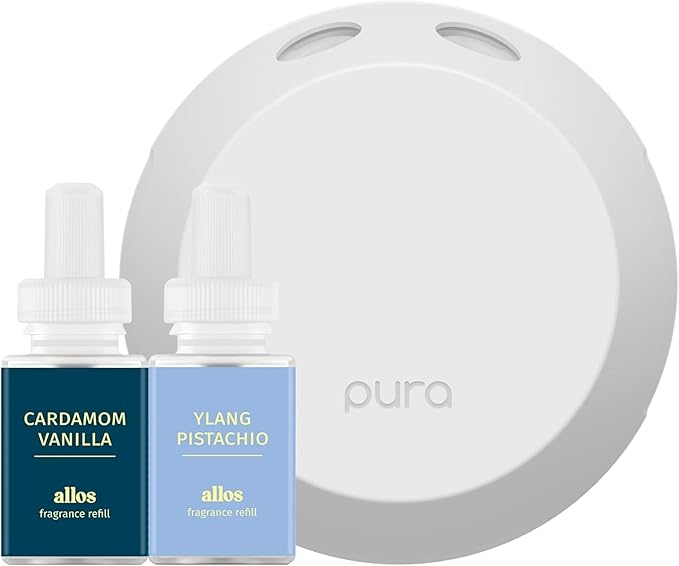 Pura Smart Home Fragrance Device Starter Set - Pura 4 - Scent Diffuser for Home - Includes Fragrance Aroma Diffuser - Square Box, Cardamon Vanilla and Ylang Pistachio Scent Refills