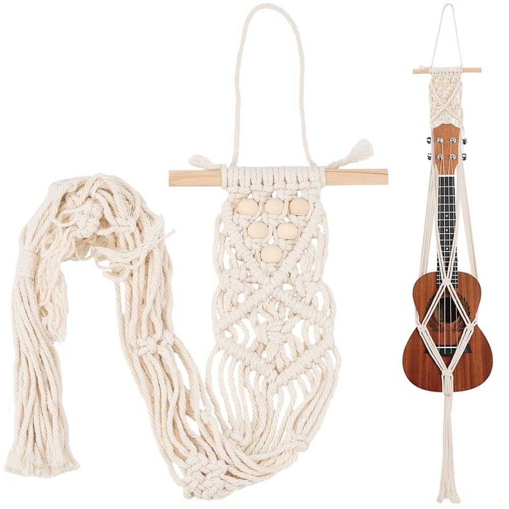 CREATCABIN Ukulele Wall Mount Hanger White Macrame Guitar Wall Hanger 7.87" x 37.4"" Cotton Boho Hanging Stand Holders Hangers Alternative Kit with Wood Head for Acoustic Electric Guitars Walls Decor"
