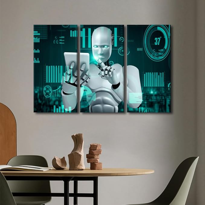 3 Panels Big Data Analysis Wall Art - AI Intelligence Pictures Canvas Print Robot Canvas Painting Framed Art Prints Home Office Wall Decor Giclee Gallery-wrapped Ready to Hang, 60" Wx40 H