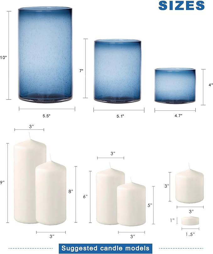 ARIAMOTION Glass Hurricane Candle Holders Bulk for Pillar Blue Seeded Bubbles Cylinder Table Centerpiece Modern Rustic Vases Home Decor 10" 7" 4" Set of 3