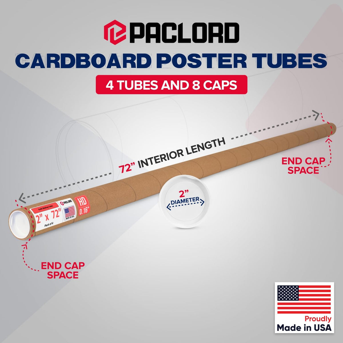 2" x 72" Heavy-Duty Reinforced Cardboard Mailing Tube, Pack of 4 Tubes with 8 Caps – Secure USPS Approved – Great for Shipping and Storing of Prints, Artwork, Posters or Documents