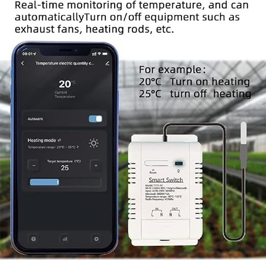 WiFi Temperature Controller Sensor Module, Tuya app Wireless Remote 16A Smart Switch with Energy Consumption Monitoring,Compatible with Alexa Google