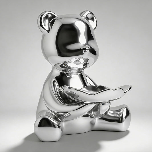 Baitiane Decorative Tray Key Bowl, Ceramic Bear Figurine Organizer, Entryway Table Statue Decor Catchall, Bookshelf Decoration Storage for Candy, Ideal Gift for Birthday & Festival (Silver)