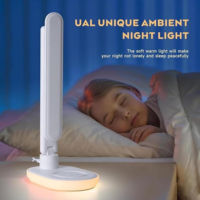 AYI 5IN1 Multifunctional LED Desk Lamp15W Qi Wireless Charger Digital Alarm Clock Ambient Light & Temperature Display Adjustable Eye-Care Table Lamp with Leather Texture Design Table Lamp-U20 White
