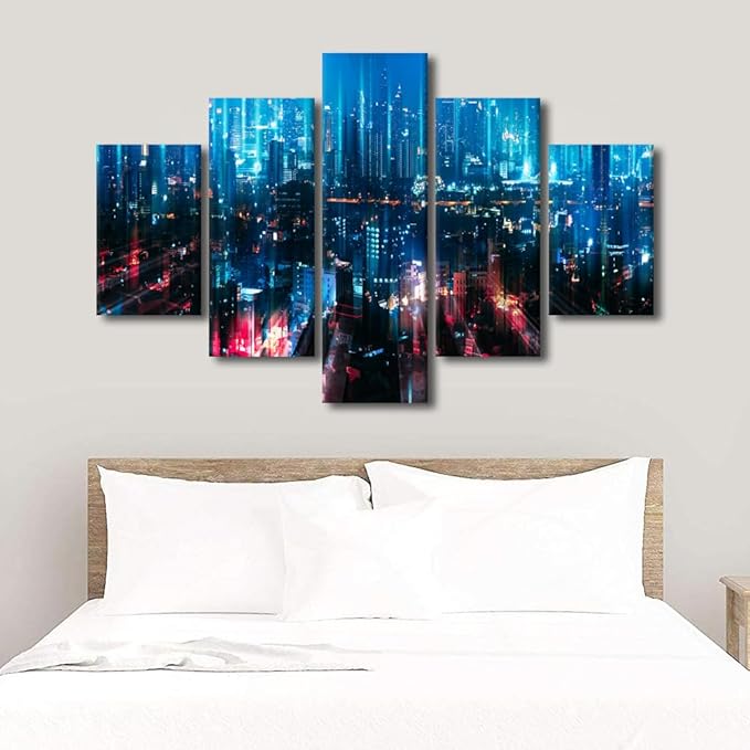 City Landscape Canvas Art Native Americans Home Wall Decoration Bangkok Night City Poster Energy Digitalization Picture Printing Student Bedroom Decoration 5 Panel Meeting Room Poster 60x40 Inch