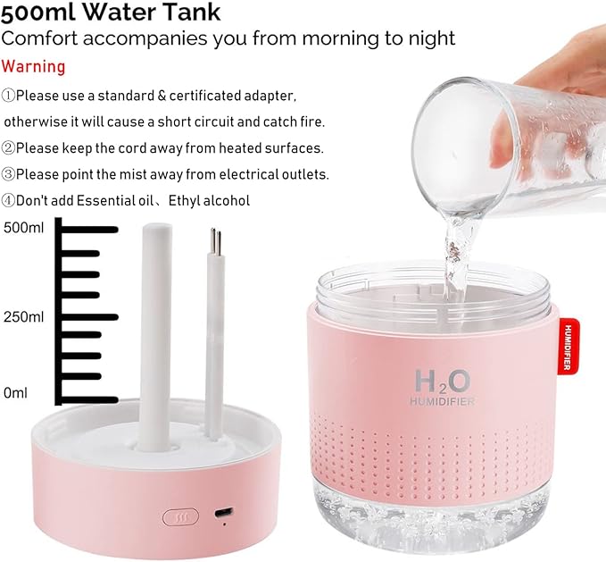 Portable Mini Cool Mist Humidifier, 500ml USB Personal Desktop Humidifier for Baby Bedroom, Travel, Office, Home - Auto Shut-Off, 2 Mist Modes, Super Quiet (Pink)