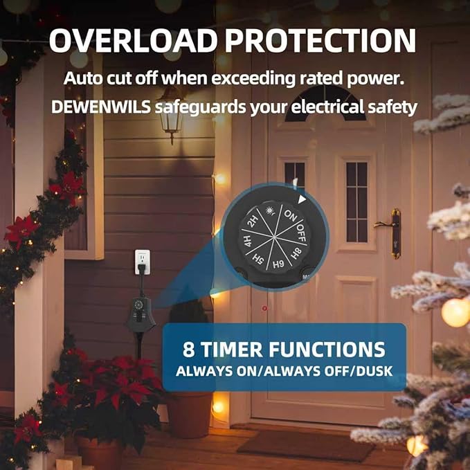 TiFFCOFiO Outdoor Timer Outlet, Dusk to Dawn Light Sensor Timer Weatherproof, 3 Grounded Outlets for Halloween and Christmas Lights, 15A 1/2HP, ETL Listed