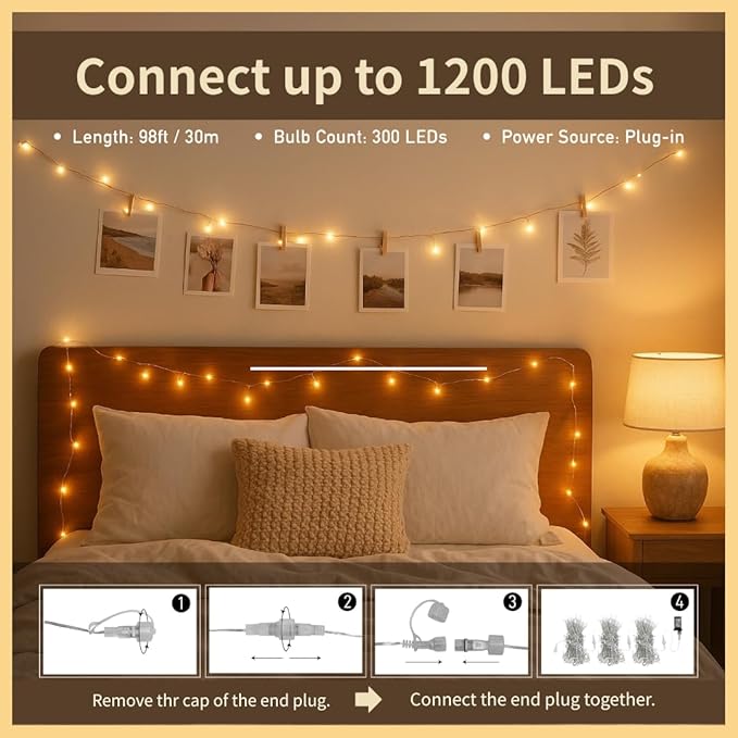 98 FT 300 LED Outdoor Fairy Lights Plug in Connectable Clear Wire with Remote Control, Waterproof String Lights with Timer Twinkle Lights for Bedroom Garden Party Wedding Christmas, Warm White