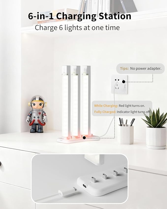 6-Pack Under Cabinet Lighting with Charging Station 12 in Rechargeable Motion Sensor Light Indoor, 3 Color Dimmable Closet Light Battery Operated, USB Stick on LED Magnetic Lights for Kitchen