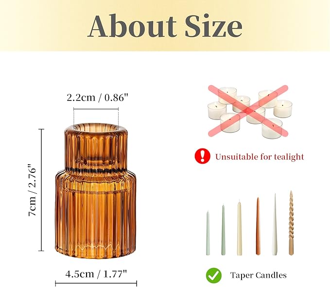 Hewory Glass Taper Candle Holders: 10 PCS Amber Elegant Candle Holder Candlestick Holders Bulk, Ribbed Glass Candle Holder Candle Sticks Holder Decor for Table Centerpiece Fall Thanksgiving Home Decor