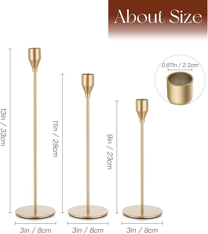 Gold Taper Candle Holders: Tall Candlestick Holder for Table Centerpiece Set of 3 Metal Candles Stick Holders Stand Wedding Decor