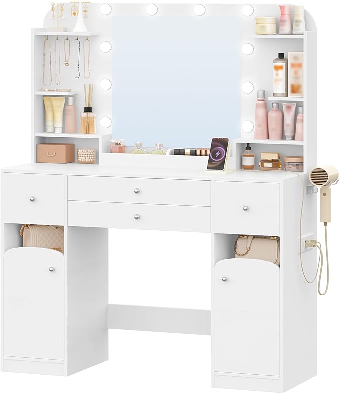 Vanity Desk with Mirror, Makeup Vanity with Led Lights,Dressing Table with Power Strip, 4 Drawers, 42.5'' Large Tabletop, 2 Open Storage Cabinets, with Jewelry Storage, White