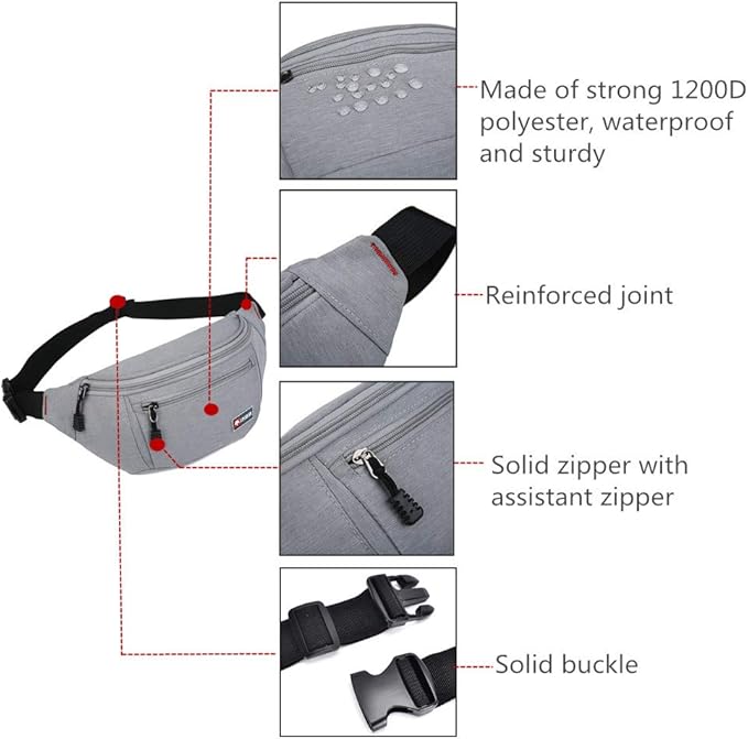 2 Packs Fanny Packs for Men and Women, Water Resistant Sports Waist Pack Bag Bum Bag for Travel Hiking Running (Black + Gray)